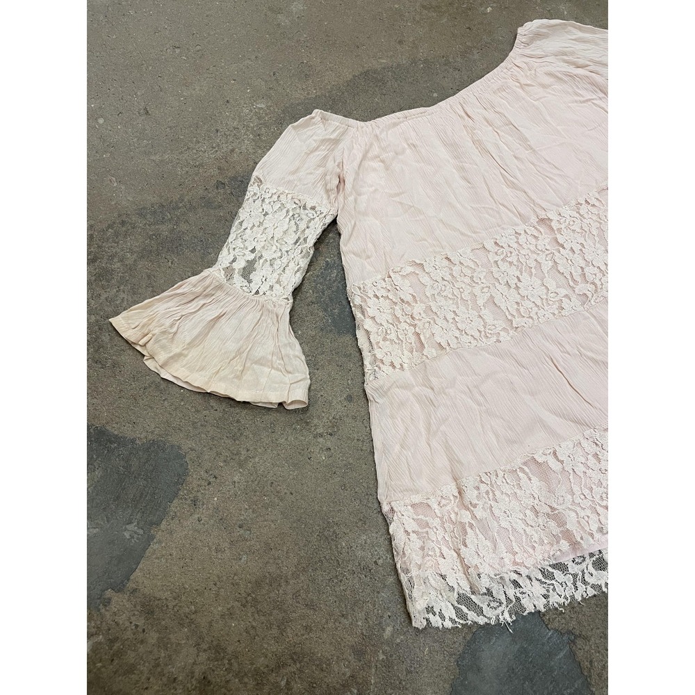 Free People Lace Dress Womens XS‎ Pink Off Shoulder Boho Short Mini Bell Sleeve - Picture 11 of 16